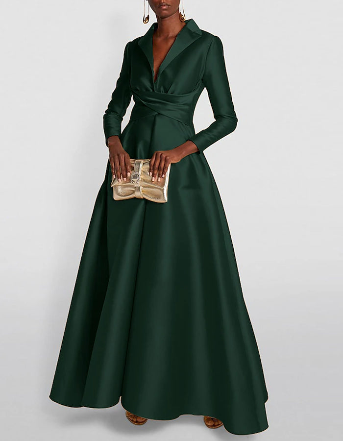 Solid Color Long Sleeved Shirt With Satin Pleats On The Collar Maxi Dress