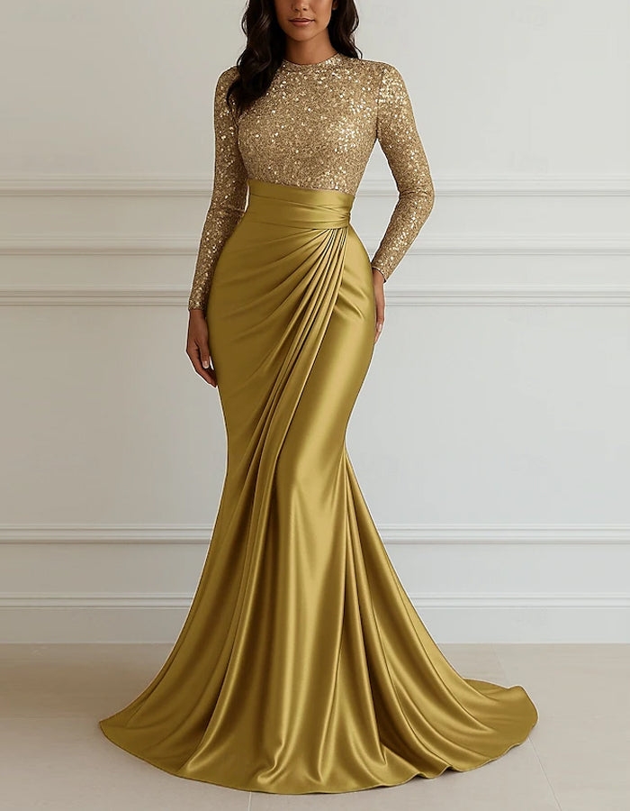 Round Neck Sequined Satin Patchwork Maxi Dress