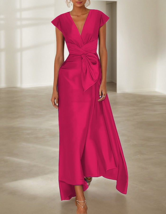 Solid Color Sleeveless Bow Satin A-line Maxi Dress