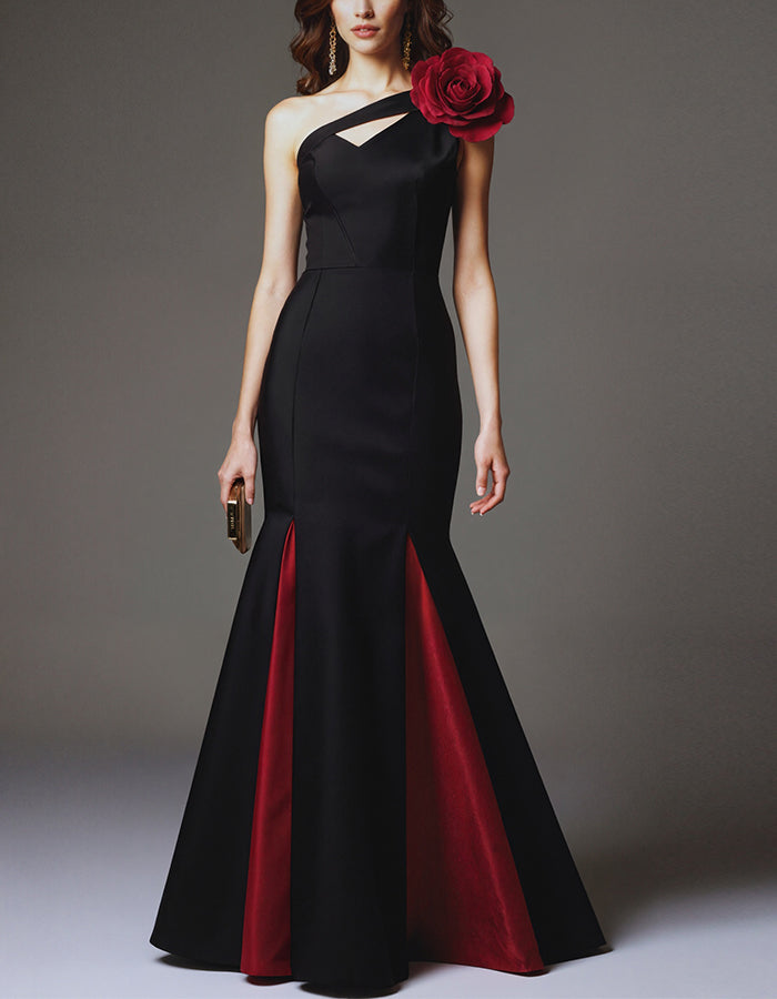 Black And Red One Shoulder Flower Maxi Dress