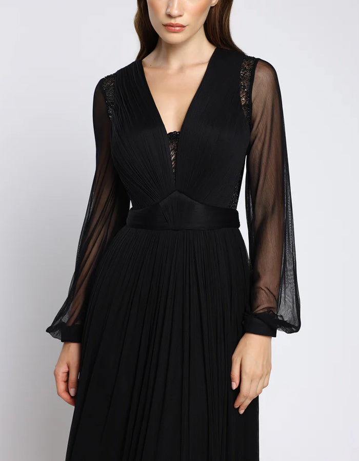 Black Chiffon Lace Long Sleeves Maxi Dress