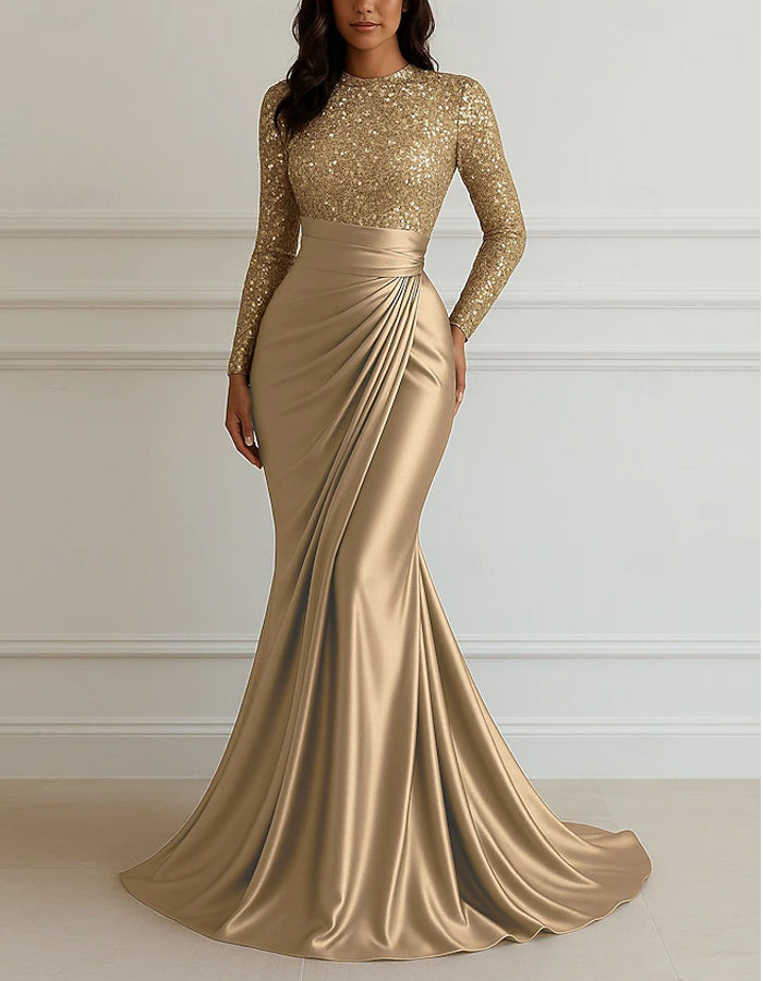 Round Neck Sequined Satin Patchwork Maxi Dress