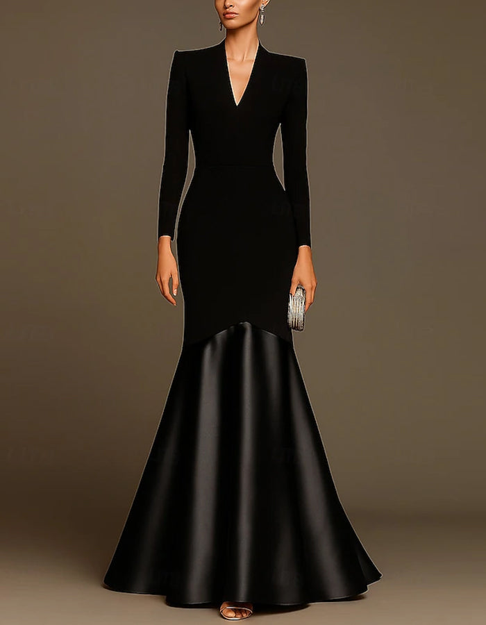 Color Blocked V-neck Long Sleeved Fitted Maxi Dress