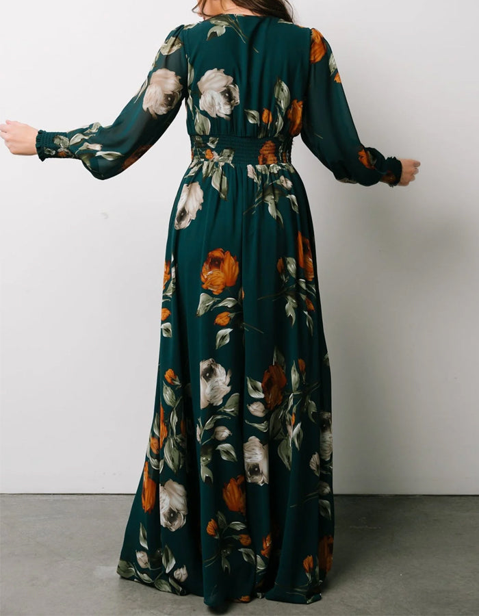 Vestido largo de gasa verde oscuro con estampado y manga larga
