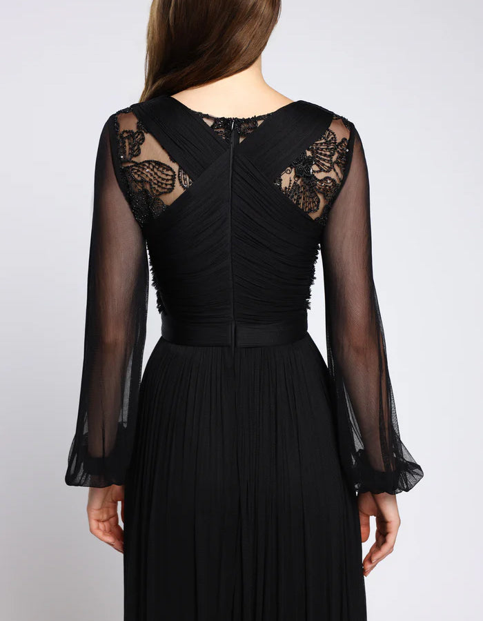 Black Chiffon Lace Long Sleeves Maxi Dress
