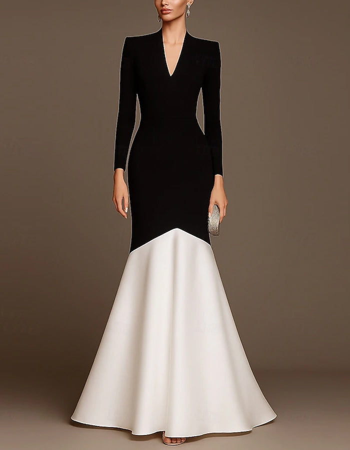 Color Blocked V-neck Long Sleeved Fitted Maxi Dress