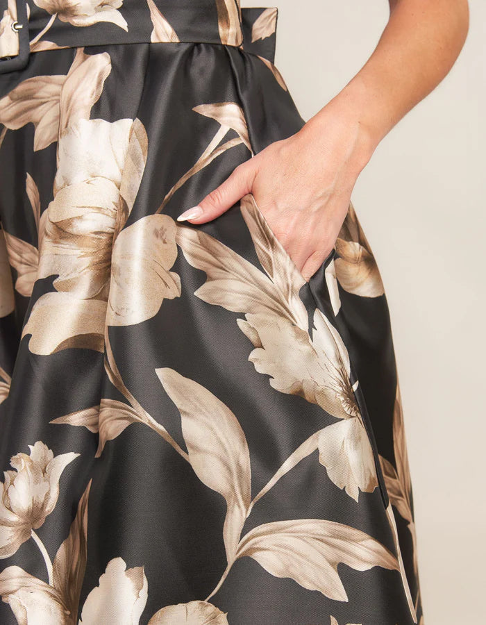 Black Sleeveless Floral Print Midi Dress