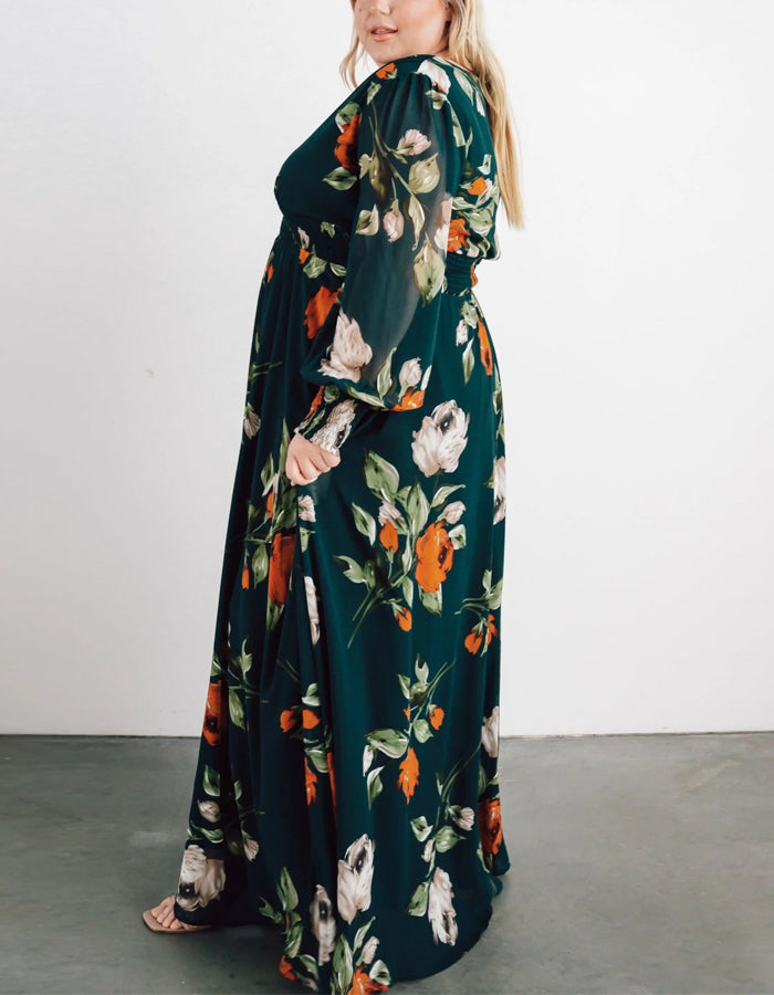 Vestido largo de gasa verde oscuro con estampado y manga larga