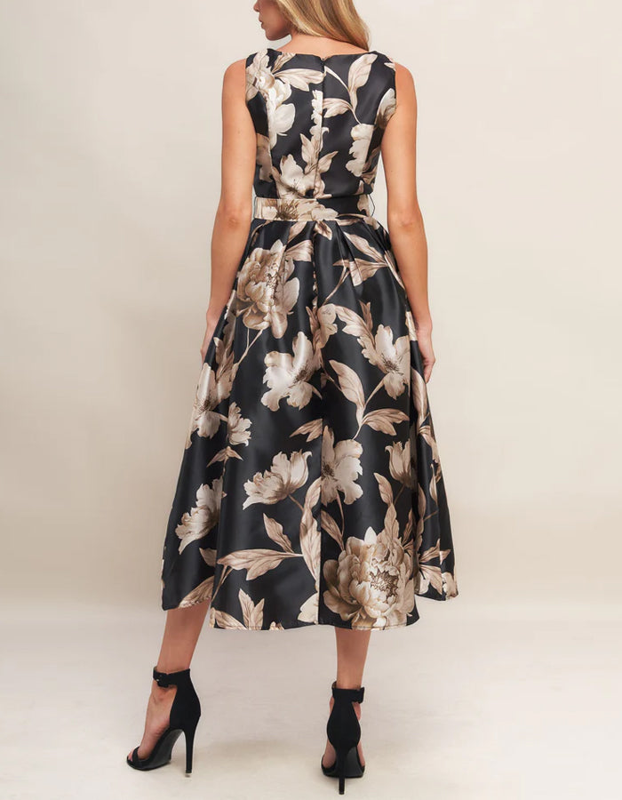 Black Sleeveless Floral Print Midi Dress