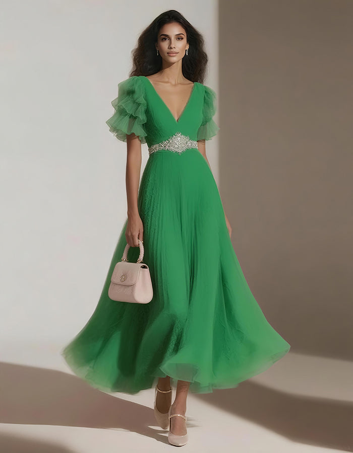 Chiffon Solid Color Lotus Leaf Sleeves Midi Dress