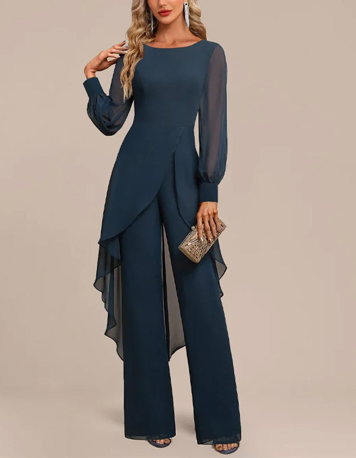 Graceful Navy Chiffon Jumpsuit with Sheer Sleeves and Draped Overlay