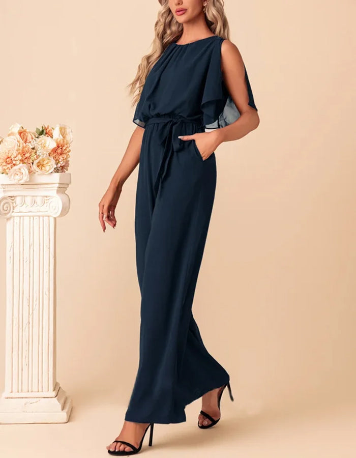 Navy Blue Chiffon Jumpsuit with Flowing Sleeves and Waist Tie