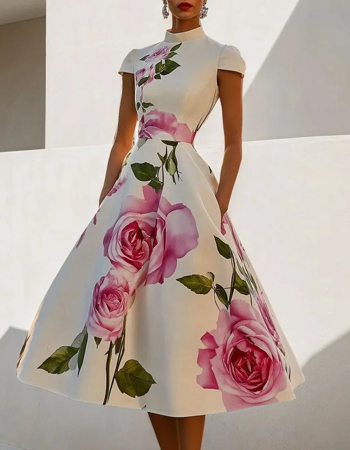Elegant Satin A-Line Dress with Bold Rose Print and High Neckline