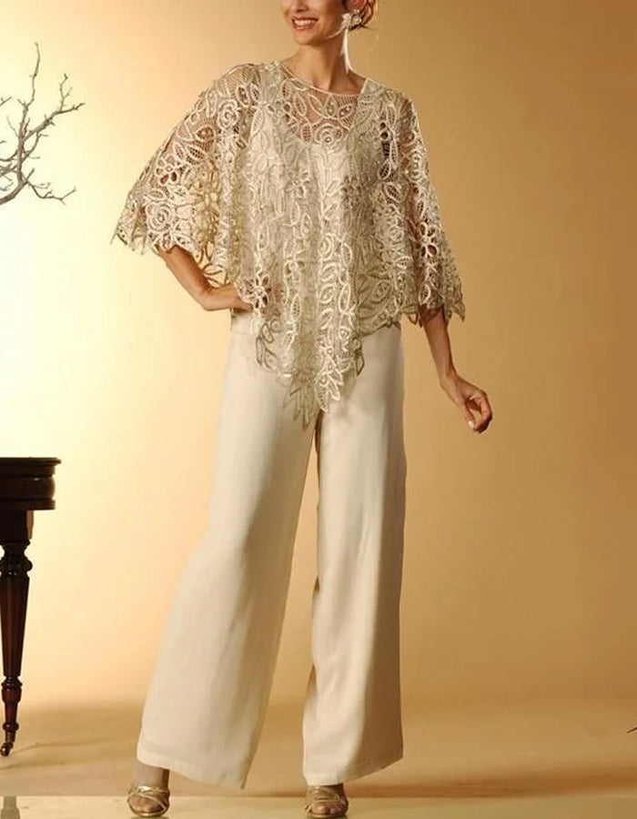 Elegant Lace Poncho Top with Flowing Wide-Leg Pants