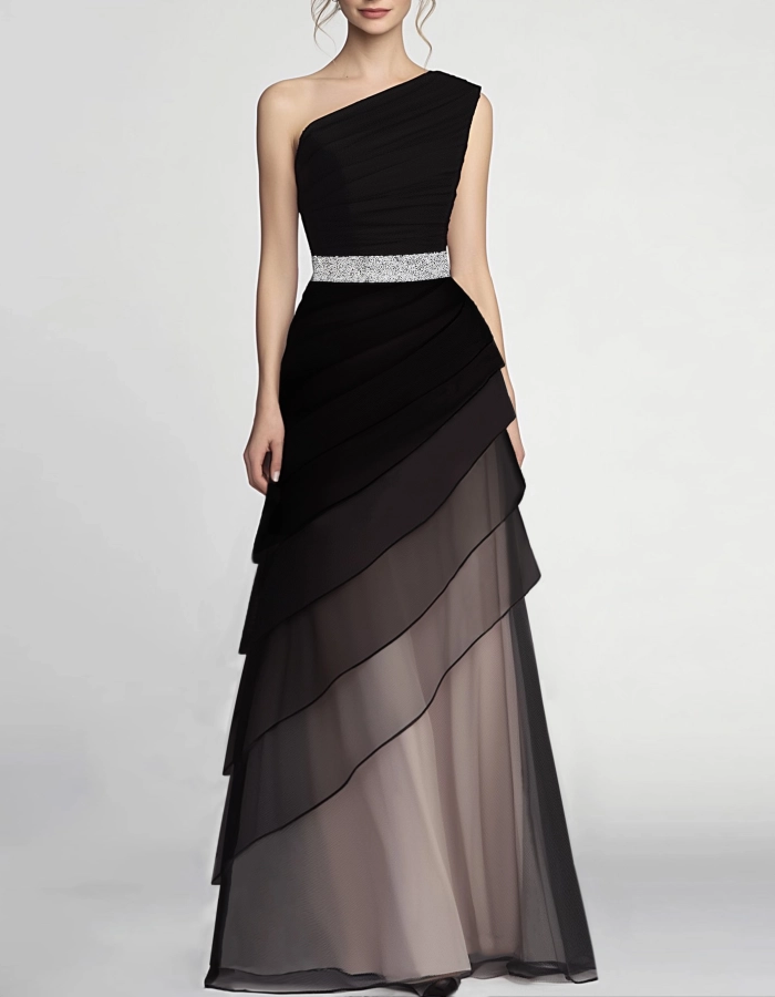 Chiffon One-Shoulder Floor-Length Maxi Dress