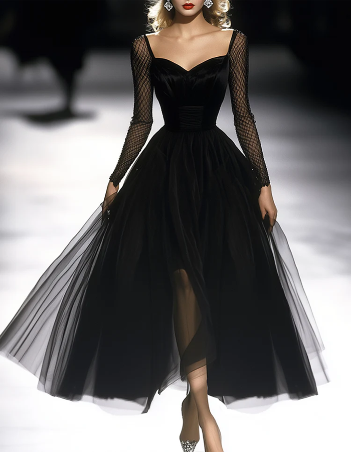 Black Square-Neck Mesh-Sleeved Tulle Maxi Dress