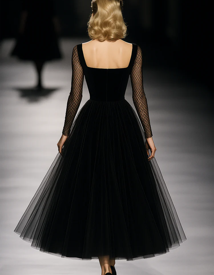 Black Square-Neck Mesh-Sleeved Tulle Maxi Dress