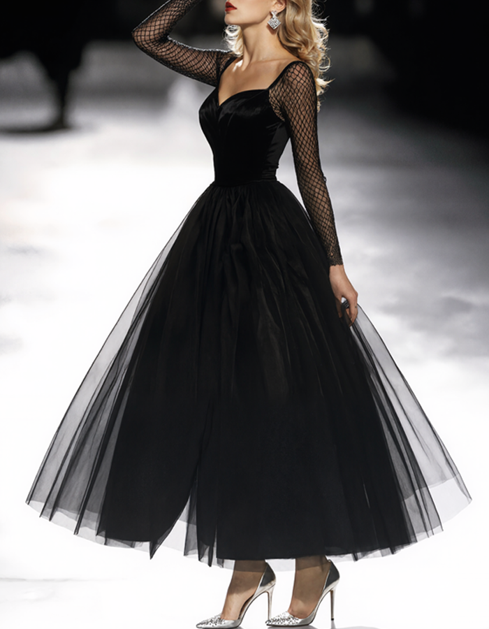 Black Square-Neck Mesh-Sleeved Tulle Maxi Dress