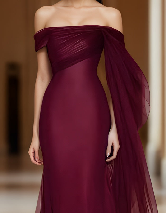 Red Off Shoulder Tulle Maxi Dress