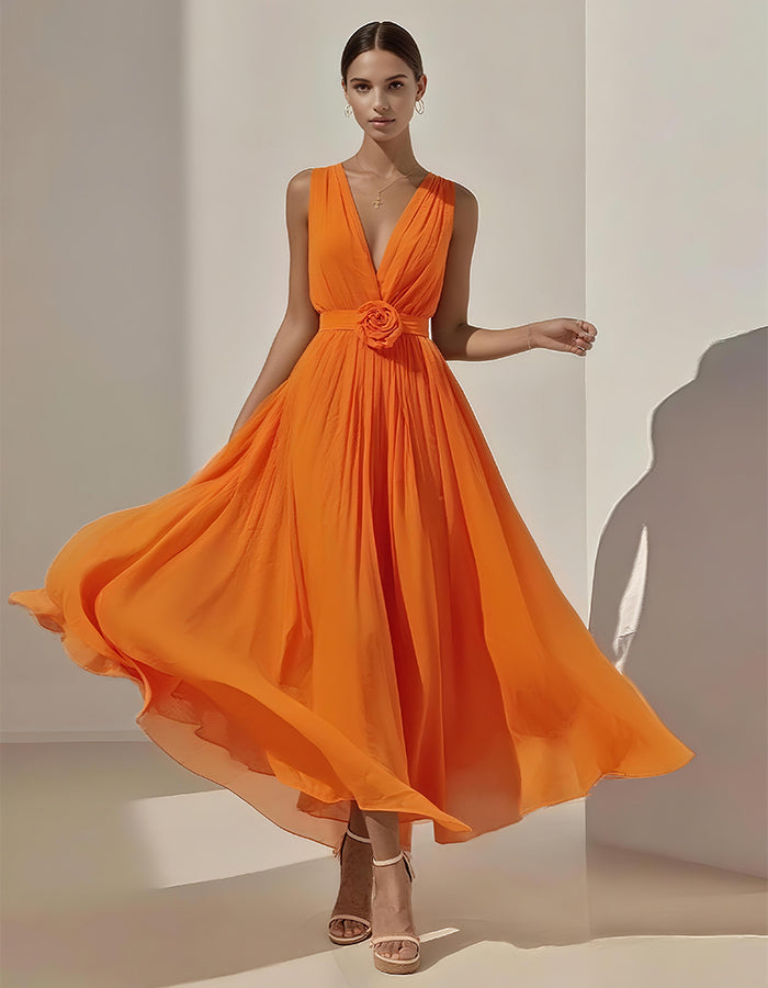 Vestido Midi Romántico de Gasa Plisada con Cintura Floral