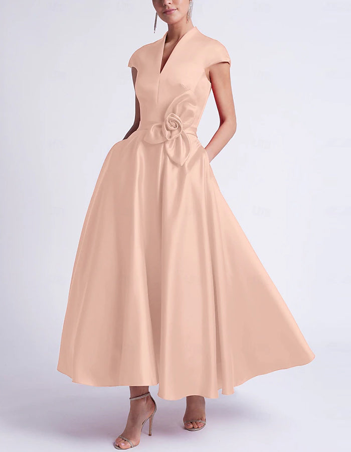 A-line Sleeveless V-neck Pocket Satin Midi Dress – Alizua