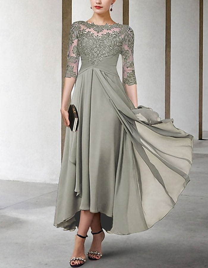 A-line Asymmetric Chiffon Lace Half Sleeve Midi Dress