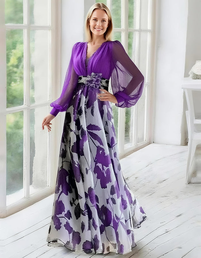 Elegant Navy Chiffon Gown with Floral Print Skirt and Sheer Bishop Sleeves
