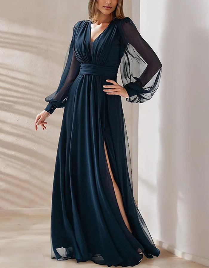 Dark Blue Long Sleeved Chiffon Maxi Dress