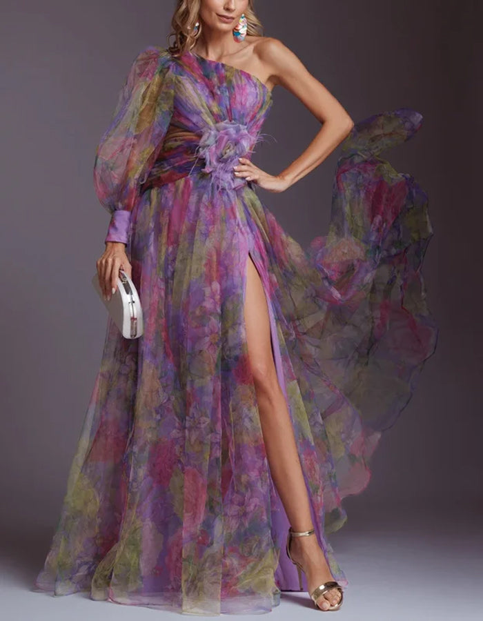 Elegant Organza Gown with Asymmetrical Neckline and Floral Appliqué
