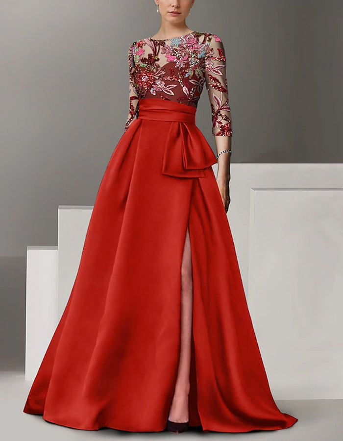 Round Neck Satin Sequined Sleeves Maxi Dress