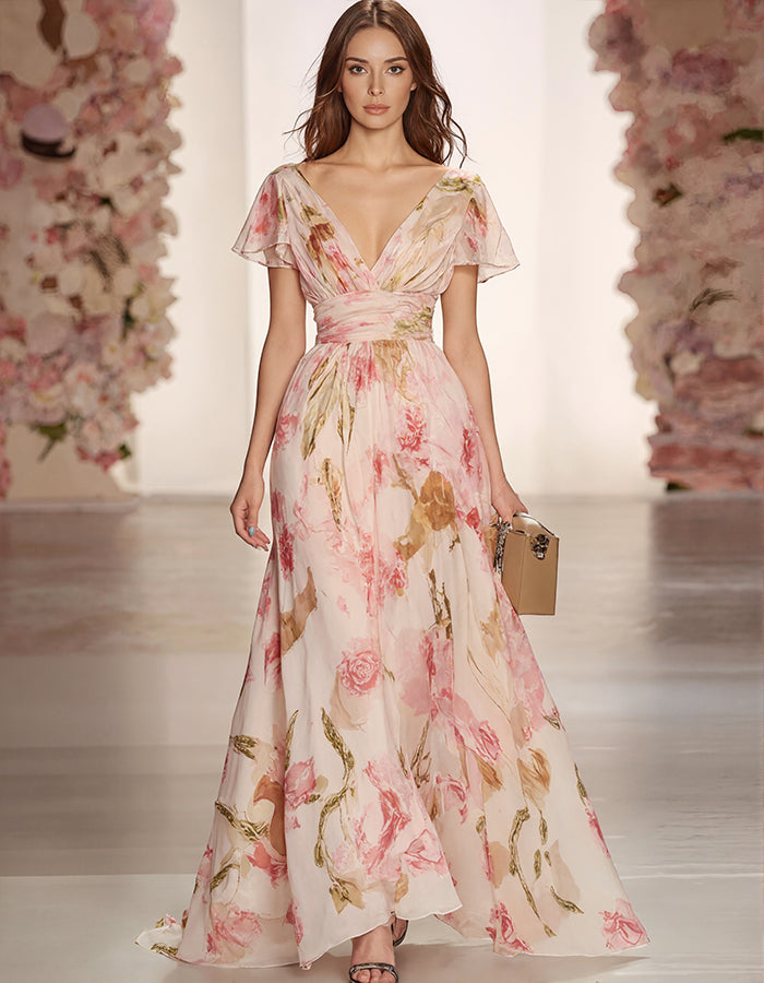 Romantic Pink Chiffon Gown with Watercolor Floral Print and Flutter Sleeves