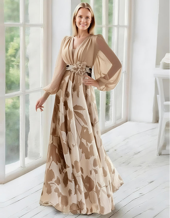 Elegant Navy Chiffon Gown with Floral Print Skirt and Sheer Bishop Sleeves