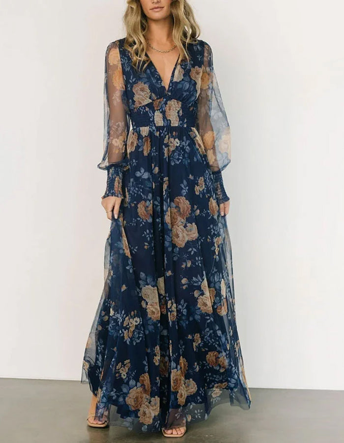 Elegant Navy Blue Chiffon Gown with Sheer Sleeves and Vintage Floral Print