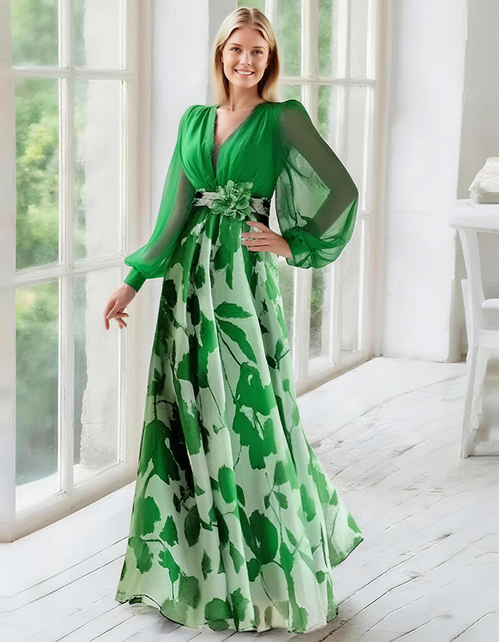 Elegant Navy Chiffon Gown with Floral Print Skirt and Sheer Bishop Sleeves