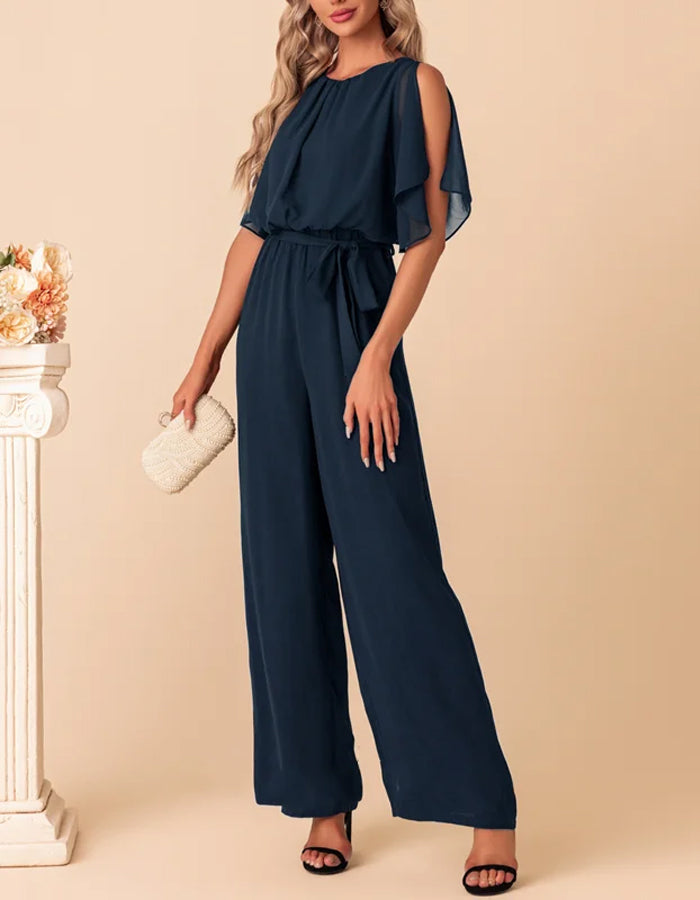 Navy Blue Chiffon Jumpsuit with Flowing Sleeves and Waist Tie