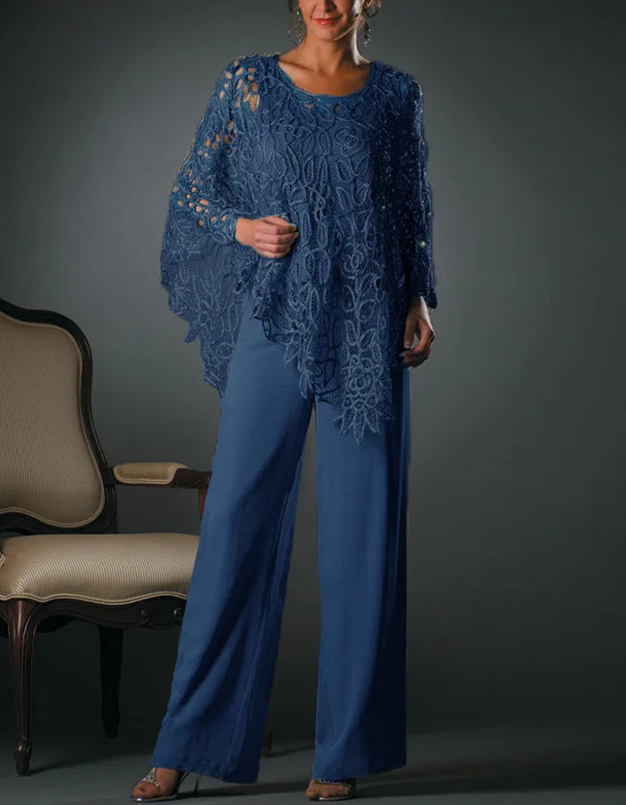 Elegant Lace Poncho Top with Flowing Wide-Leg Pants
