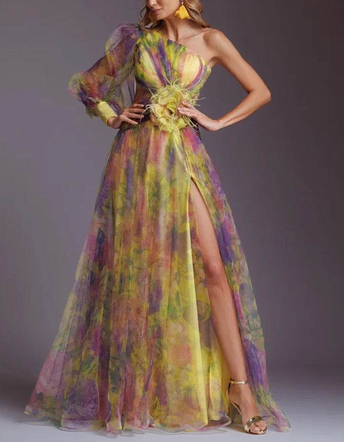 Elegant Organza Gown with Asymmetrical Neckline and Floral Appliqué