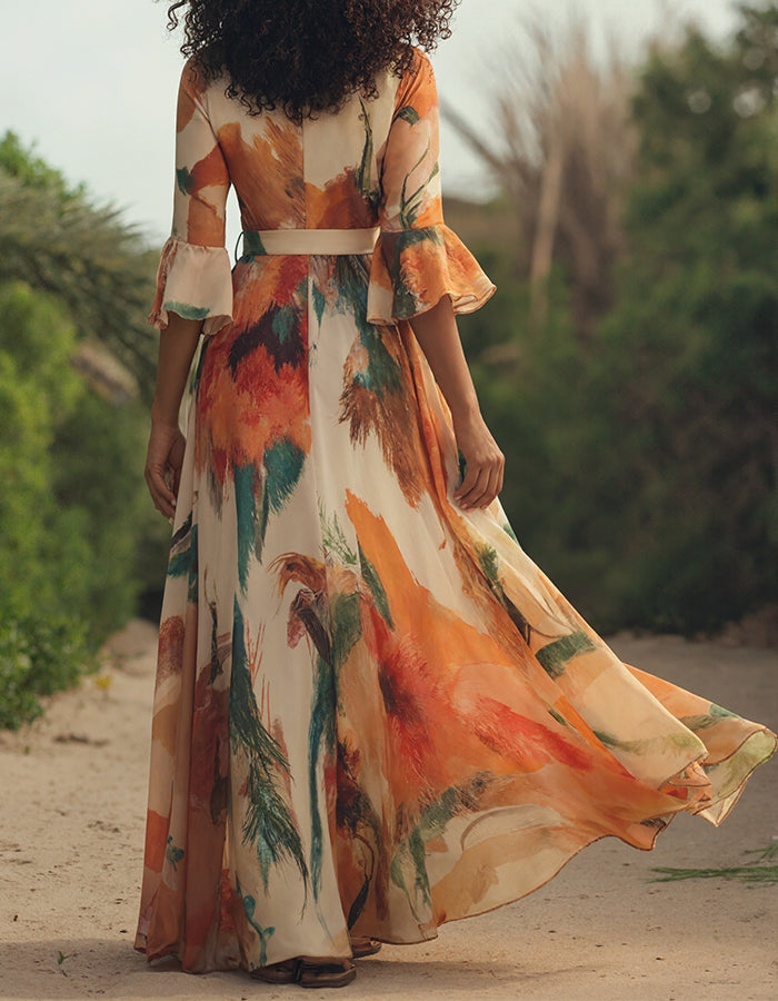 Radiant Orange Chiffon Gown with Painterly Print and Flared Sleeves