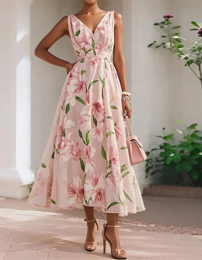 Graceful Pink Floral Midi Dress with Sleeveless V-Neck Bodice