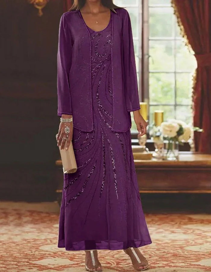 Sophisticated Lace Gown with Illusion Sleeves and Sequin Embellishments