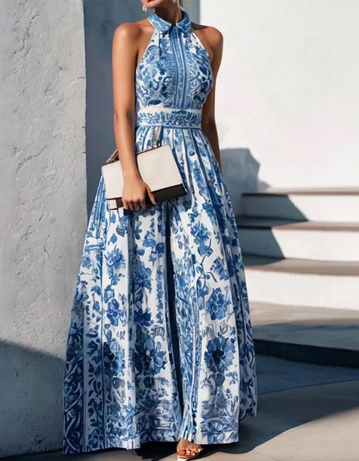 Graceful Blue and White Halter Gown with Floral Porcelain Print