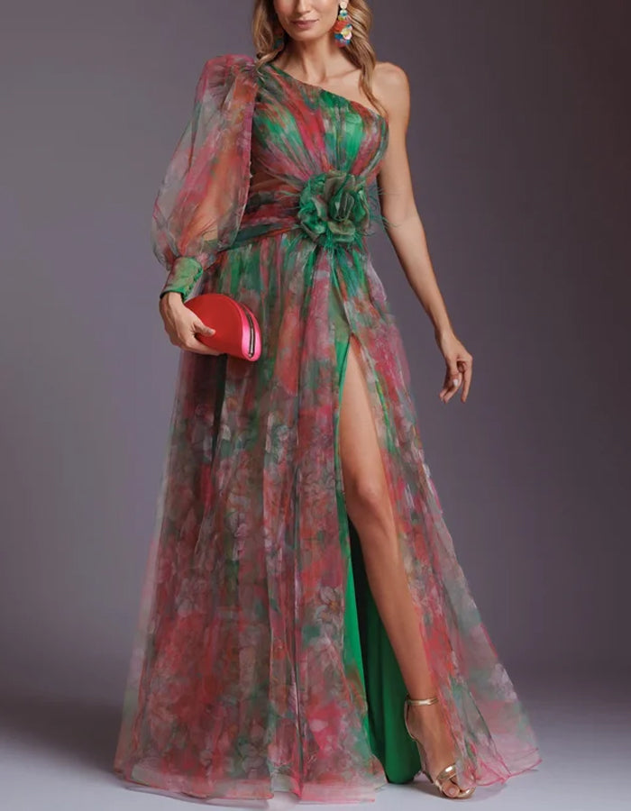 Elegant Organza Gown with Asymmetrical Neckline and Floral Appliqué