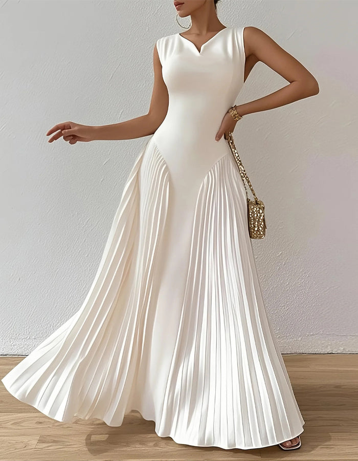 White Pleated Waist Maxi Dress
