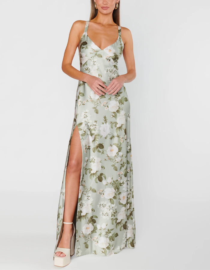 Light Green Floral Pattern V-neck Bridesmaid Dress