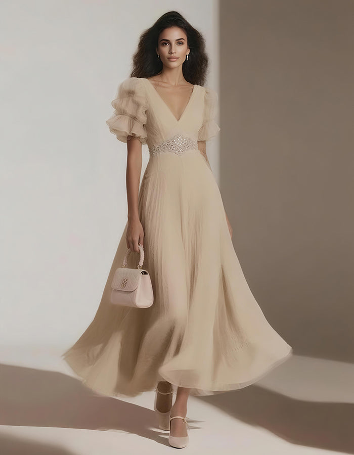 Chiffon Solid Color Lotus Leaf Sleeves Midi Dress