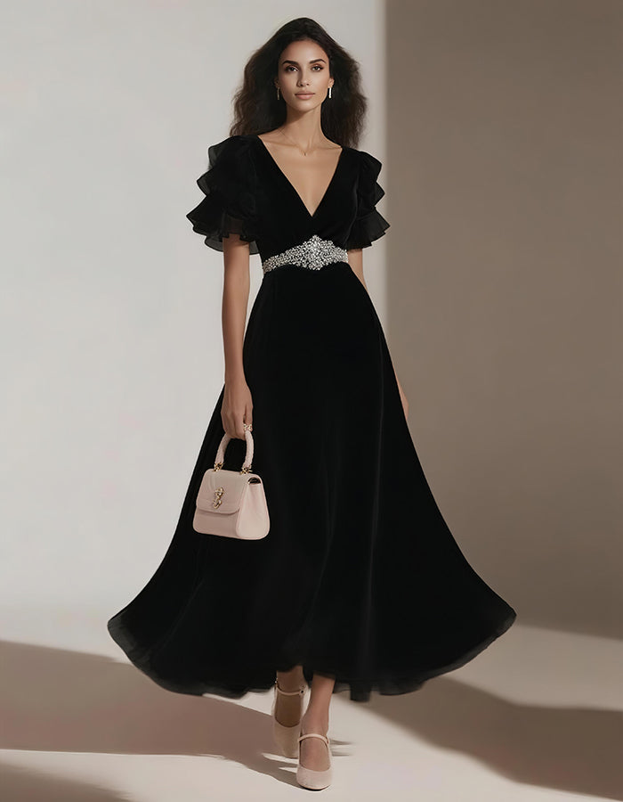 Chiffon Solid Color Lotus Leaf Sleeves Midi Dress