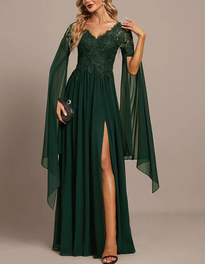 Emerald Green Lace Sleeve Evening Gown with High Slit