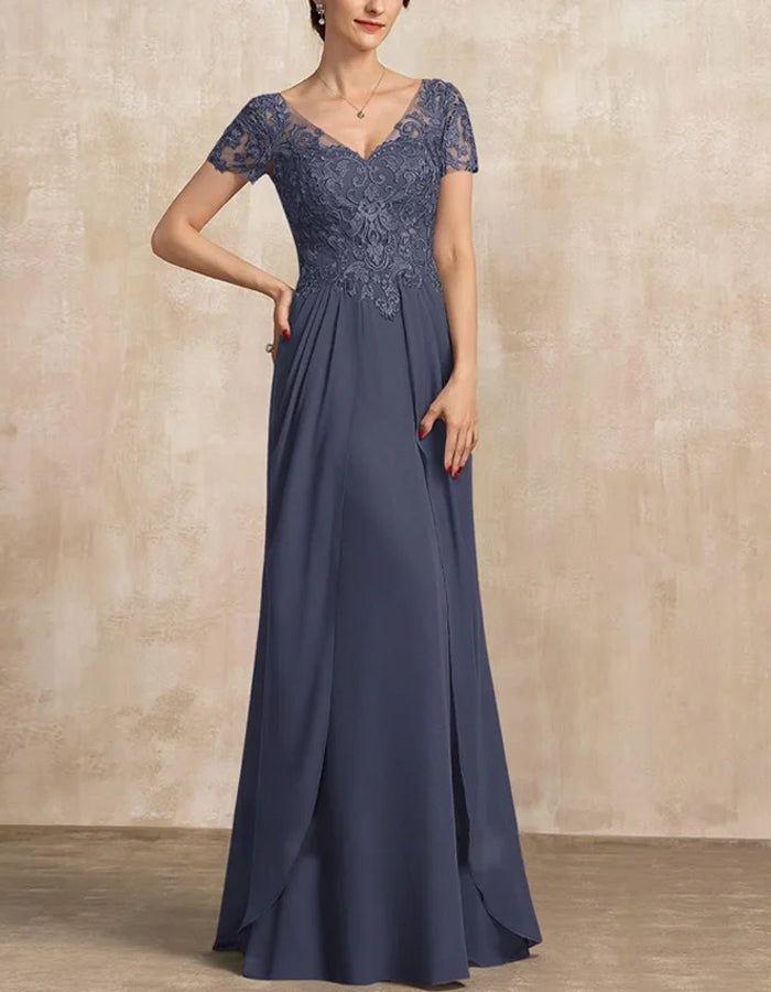 Navy Blue Lace-Embroidered V-Neck Evening Gown