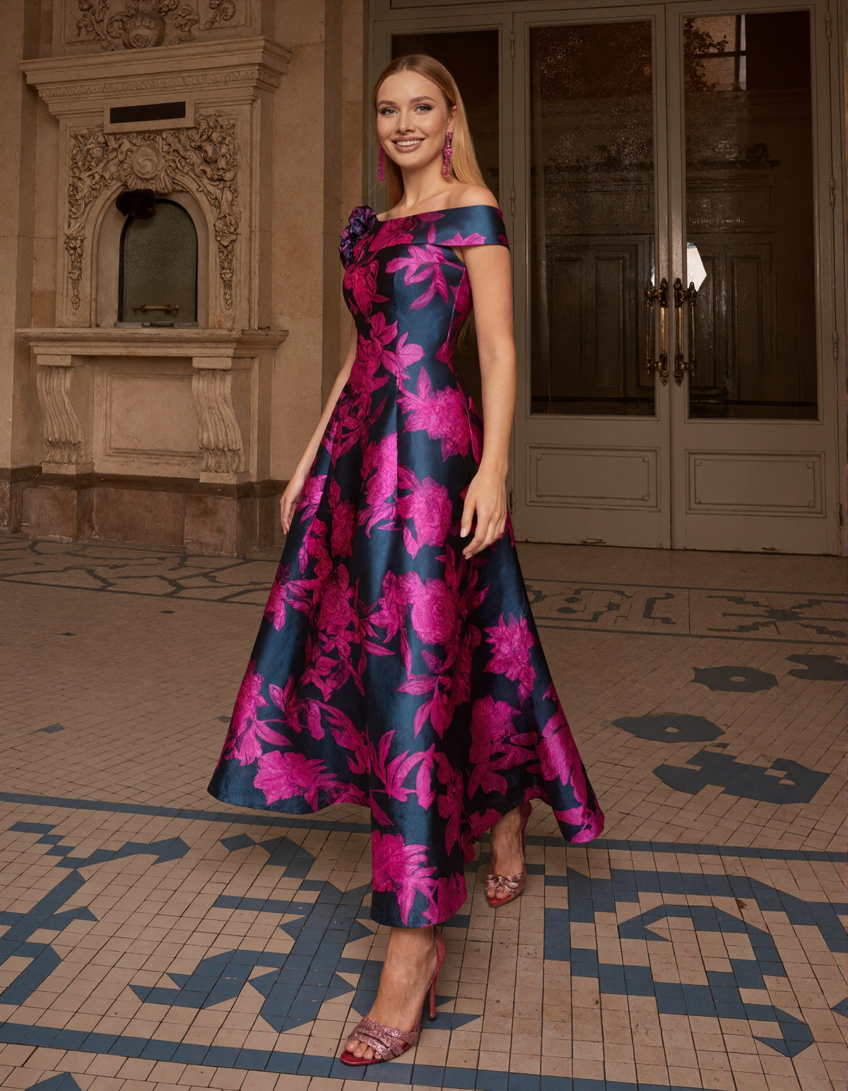 Rose Red Wedding Evening Party Satin Printed Midi Dress