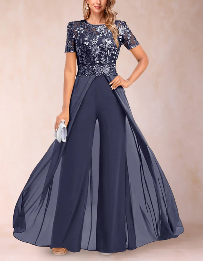 A-line Round Neck Short-sleeved Lace Jumpsuit
